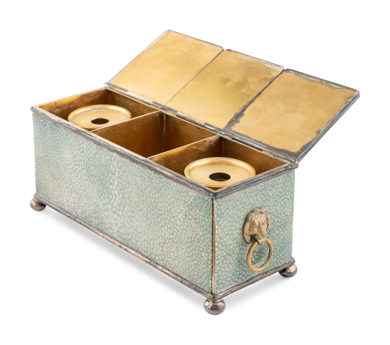 A Regency Silvered Metal and Shagreen Inkwell