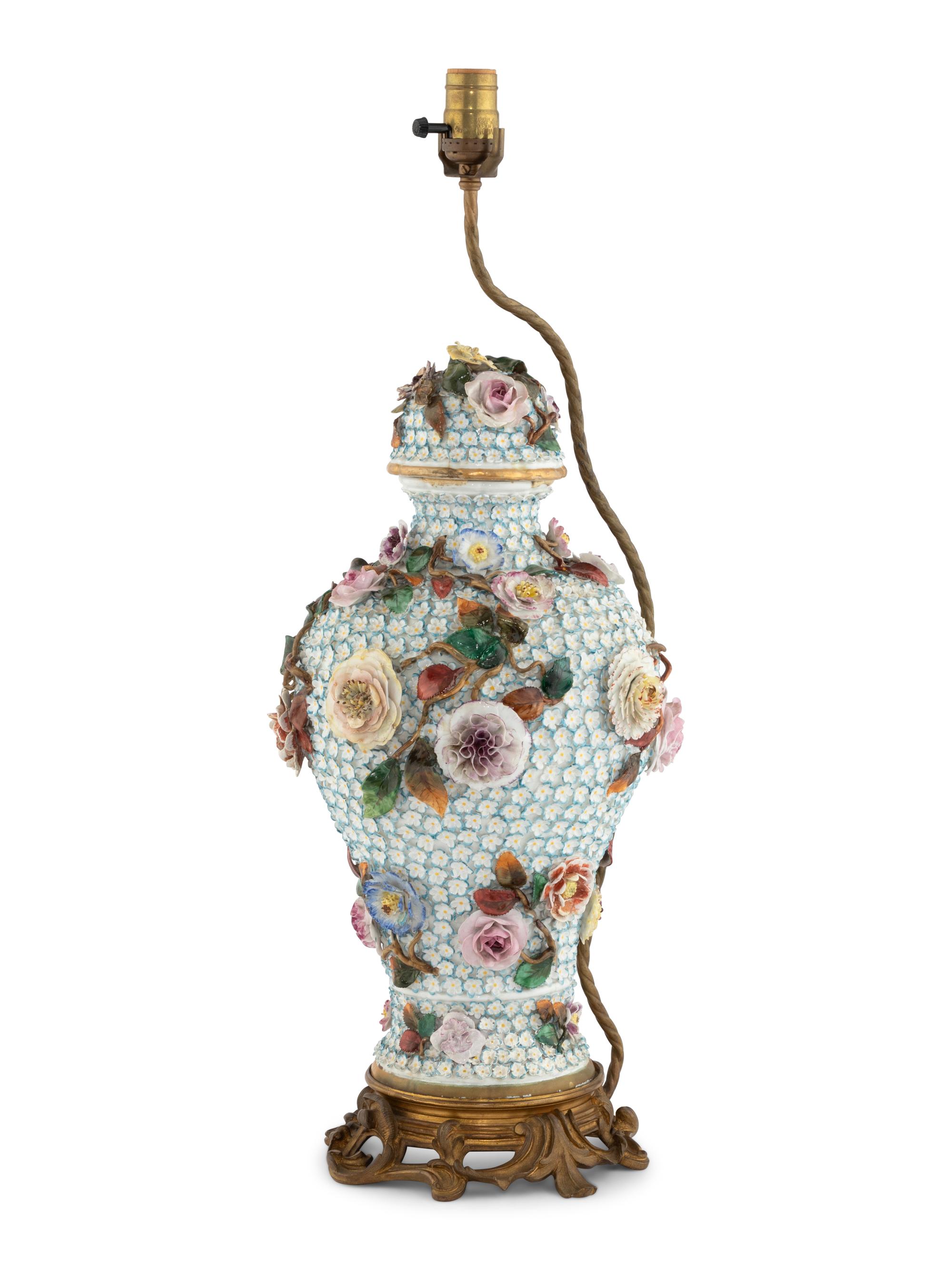 A Meissen Porcelain Schneeballen Covered Vase Mounted as a Lamp