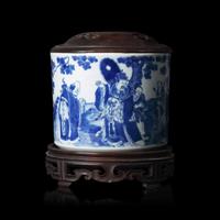 A Chinese Blue and White "Daoist Immortals" Brush Pot, Qing Dynasty — 清 青花八仙圖筆筒