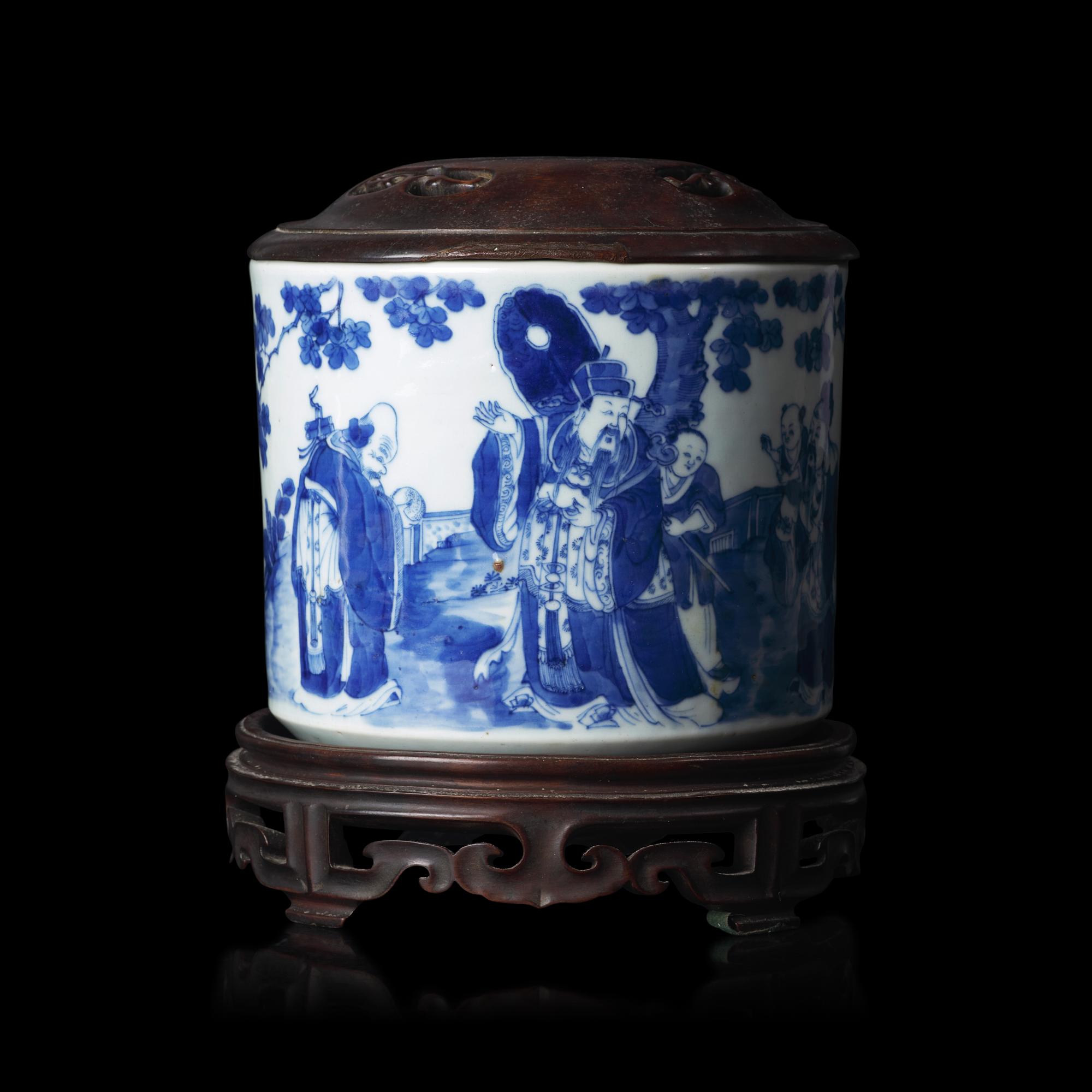 A Chinese Blue and White "Daoist Immortals" Brush Pot, Qing Dynasty — 清 青花八仙圖筆筒