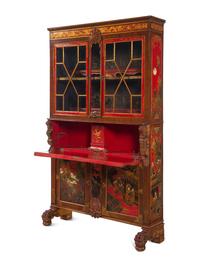 A Georgian Style Red Lacquered and Chinoiserie Decorated Secretary Bookcase