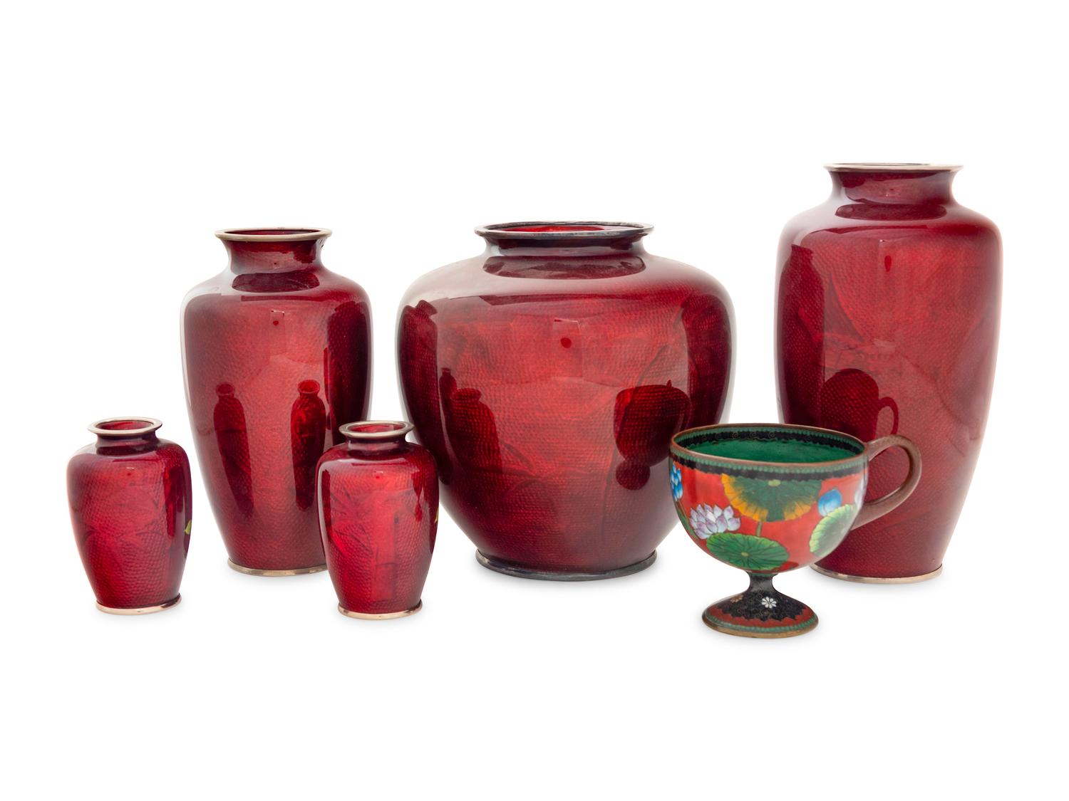 A Group of Six Japanese Red Ground Cloisonné Vessels