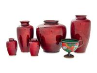 A Group of Six Japanese Red Ground Cloisonné Vessels