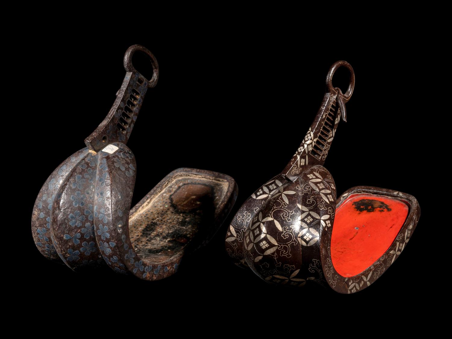 Two Pairs of Japanese Silver Inlaid Iron Stirrups, Abumi