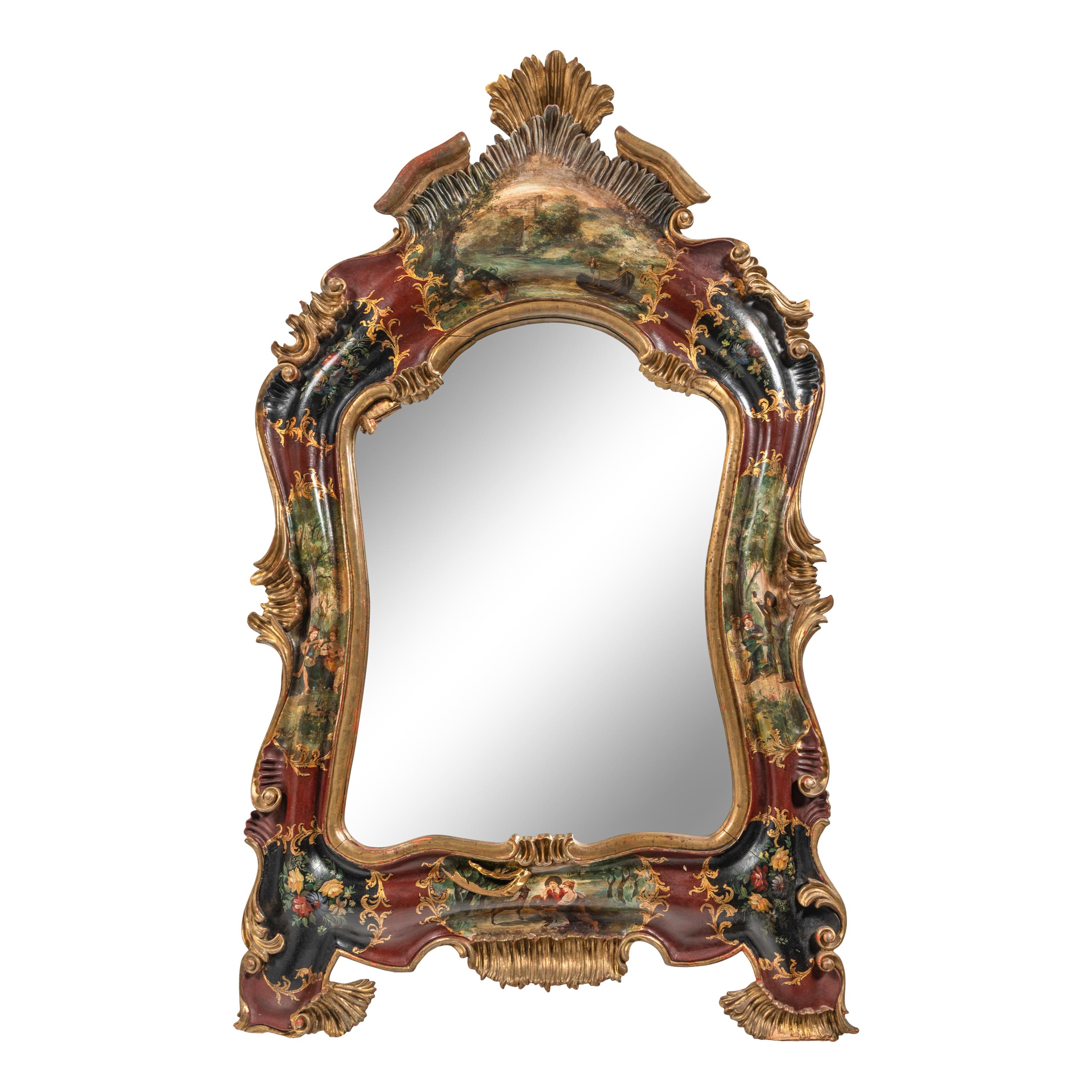 A Venetian Rococo Style Polychrome Painted and Parcel Gilt Mirror