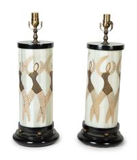A Pair of Modernist Painted Glass Lamps