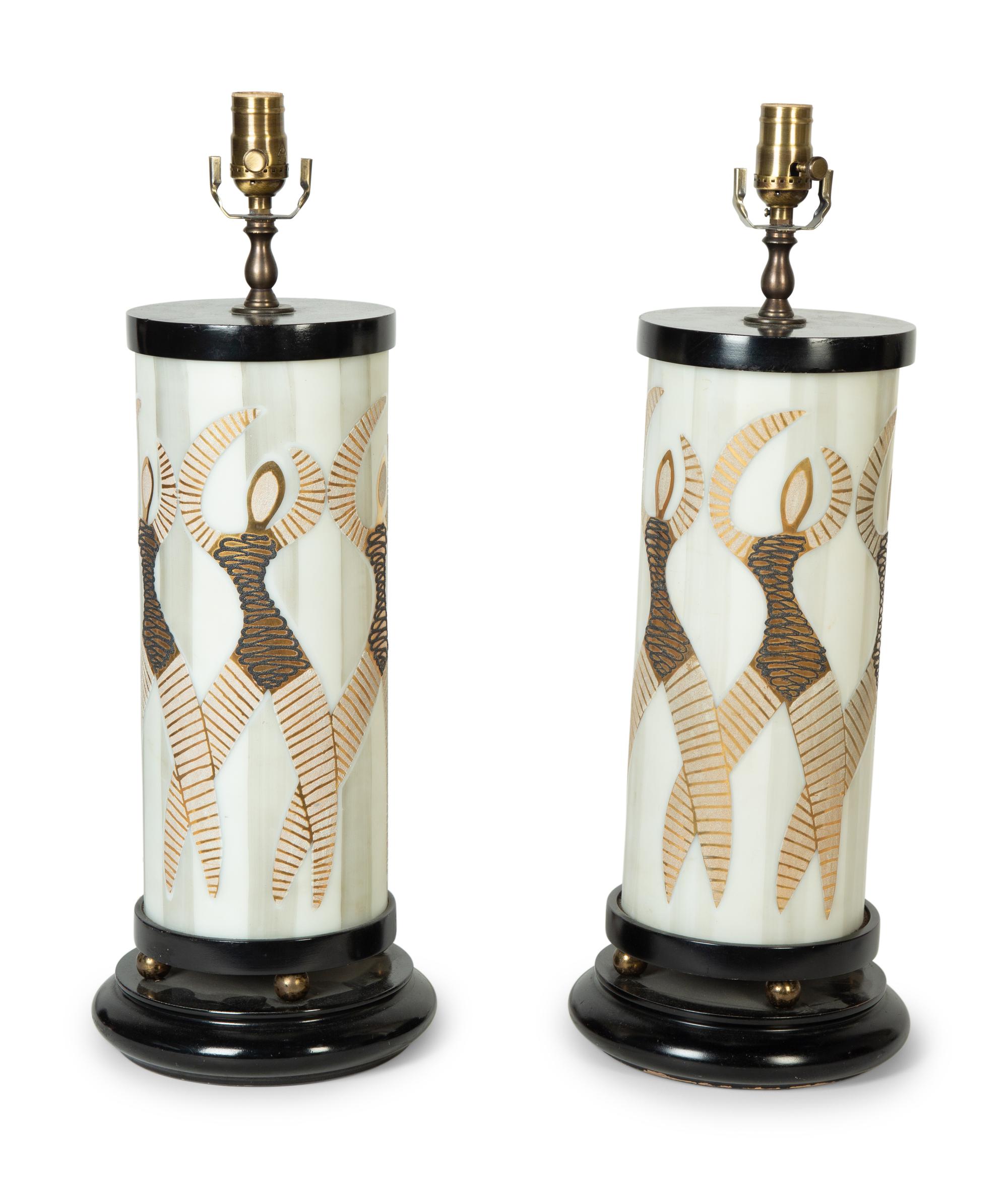 A Pair of Modernist Painted Glass Lamps