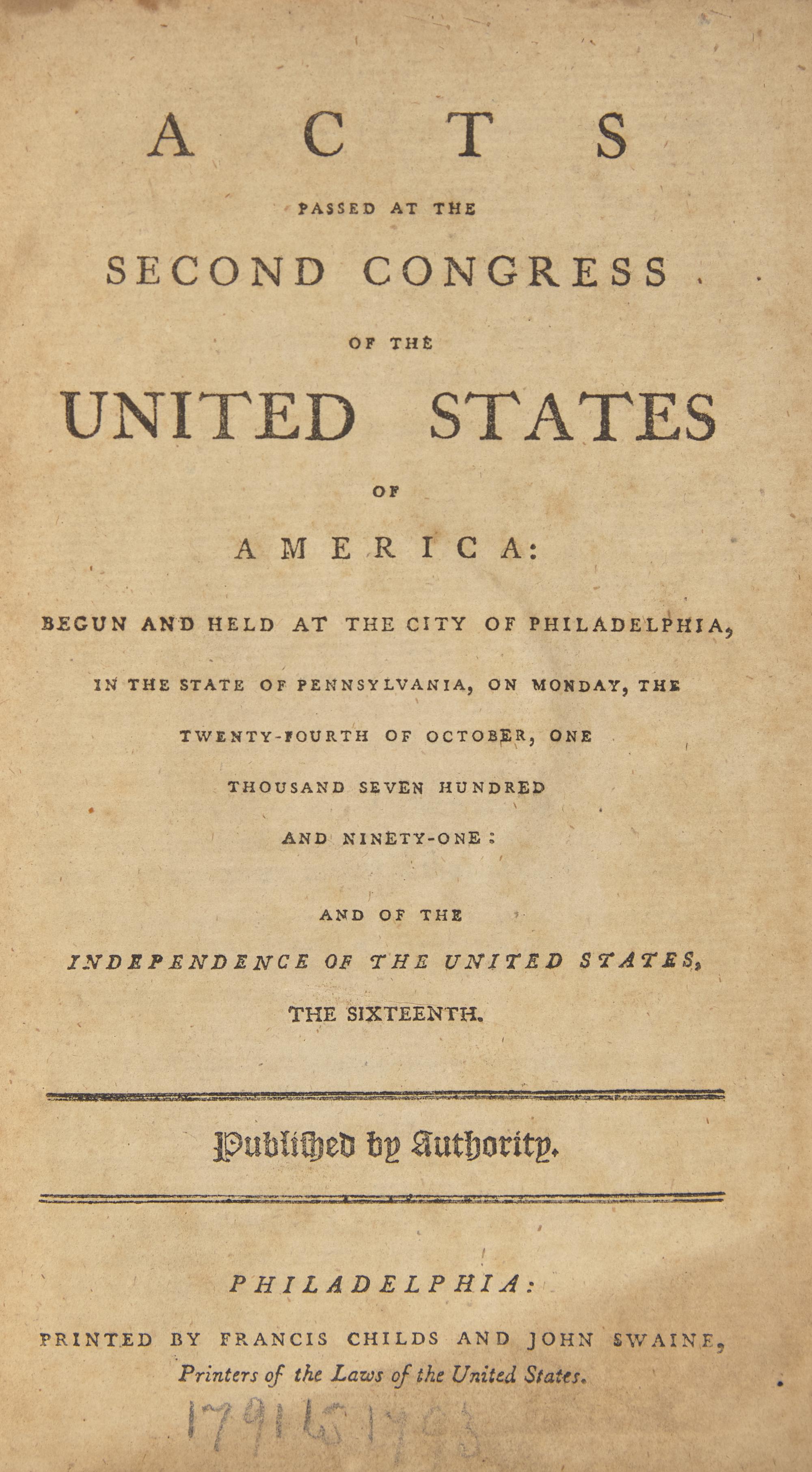 [Bill of Rights] An Early Printing of the Bill of Rights in Acts Passed at the Second Congress of the United States of America