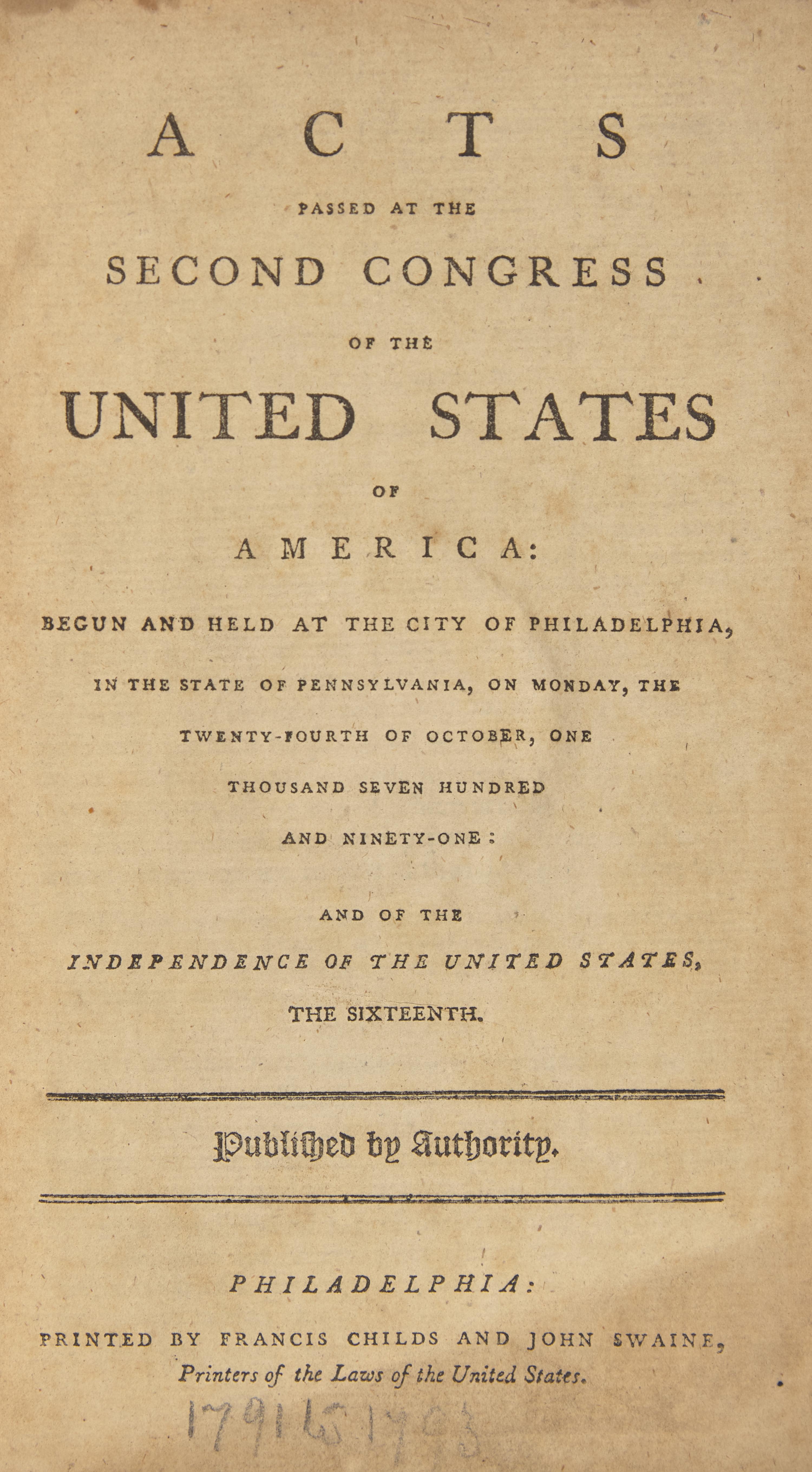 [Bill of Rights] An Early Printing of the Bill of Rights in Acts Passed at the Second Congress of the United States of America