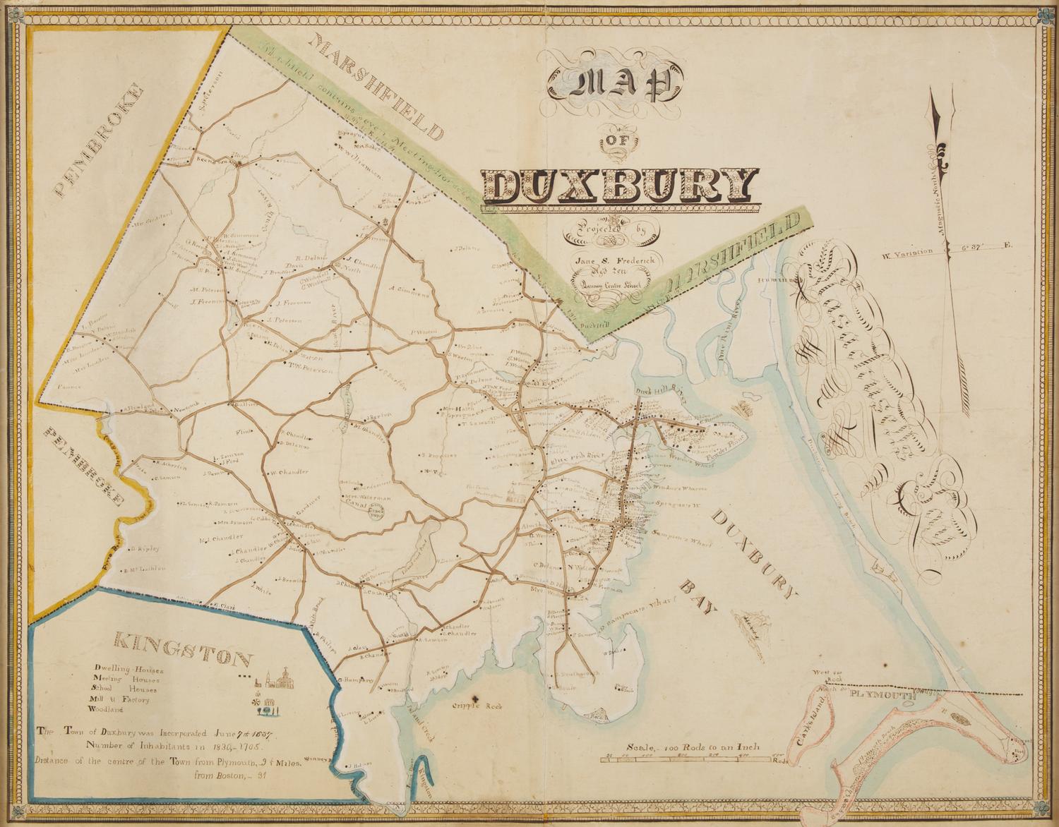 A Schoolgirl Hand-Drawn and Colored Map of Duxbury, Massachusetts