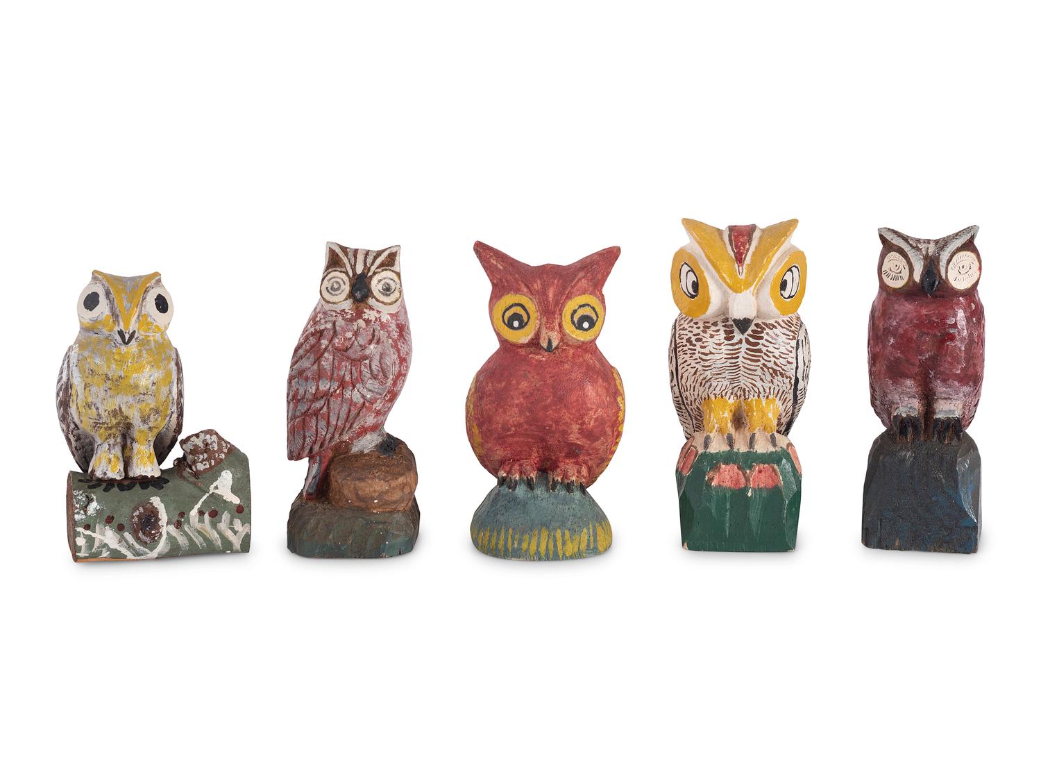 A Group of Painted Folk Art Owl Carvings