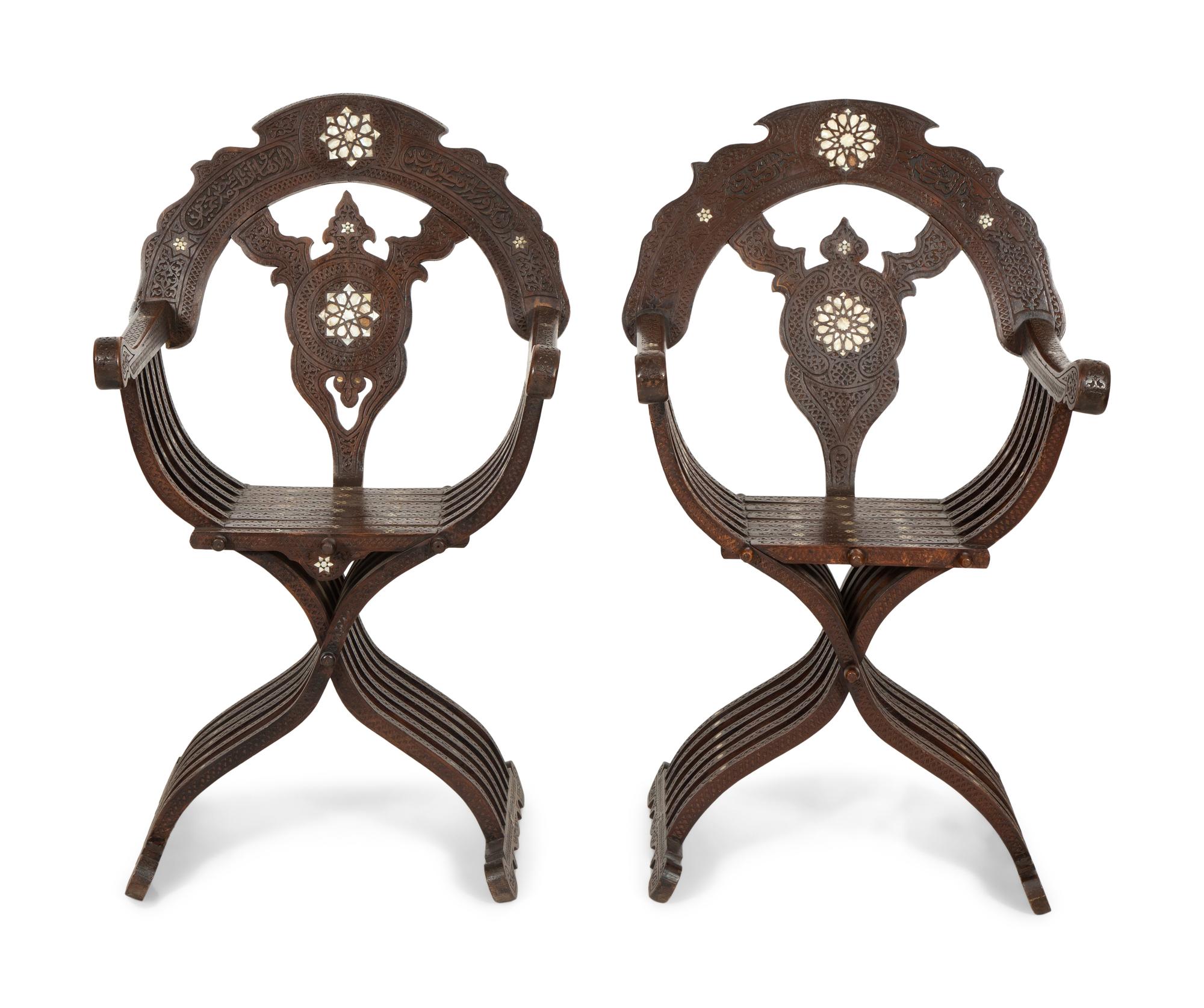 A Pair of Syrian Walnut Folding Armchairs