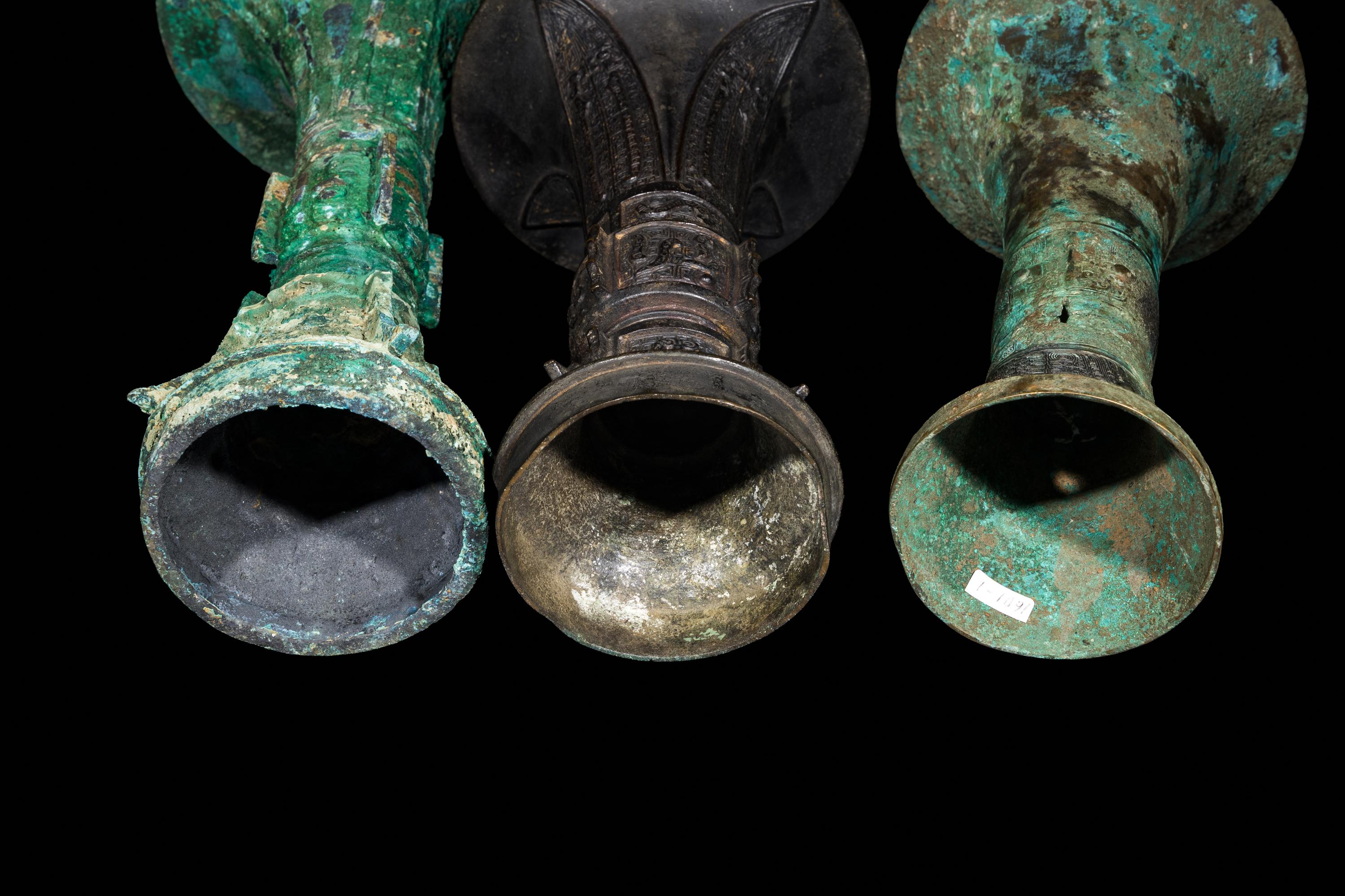 Three Chinese Archaistic Bronze Gu Vases — 青銅觚三件