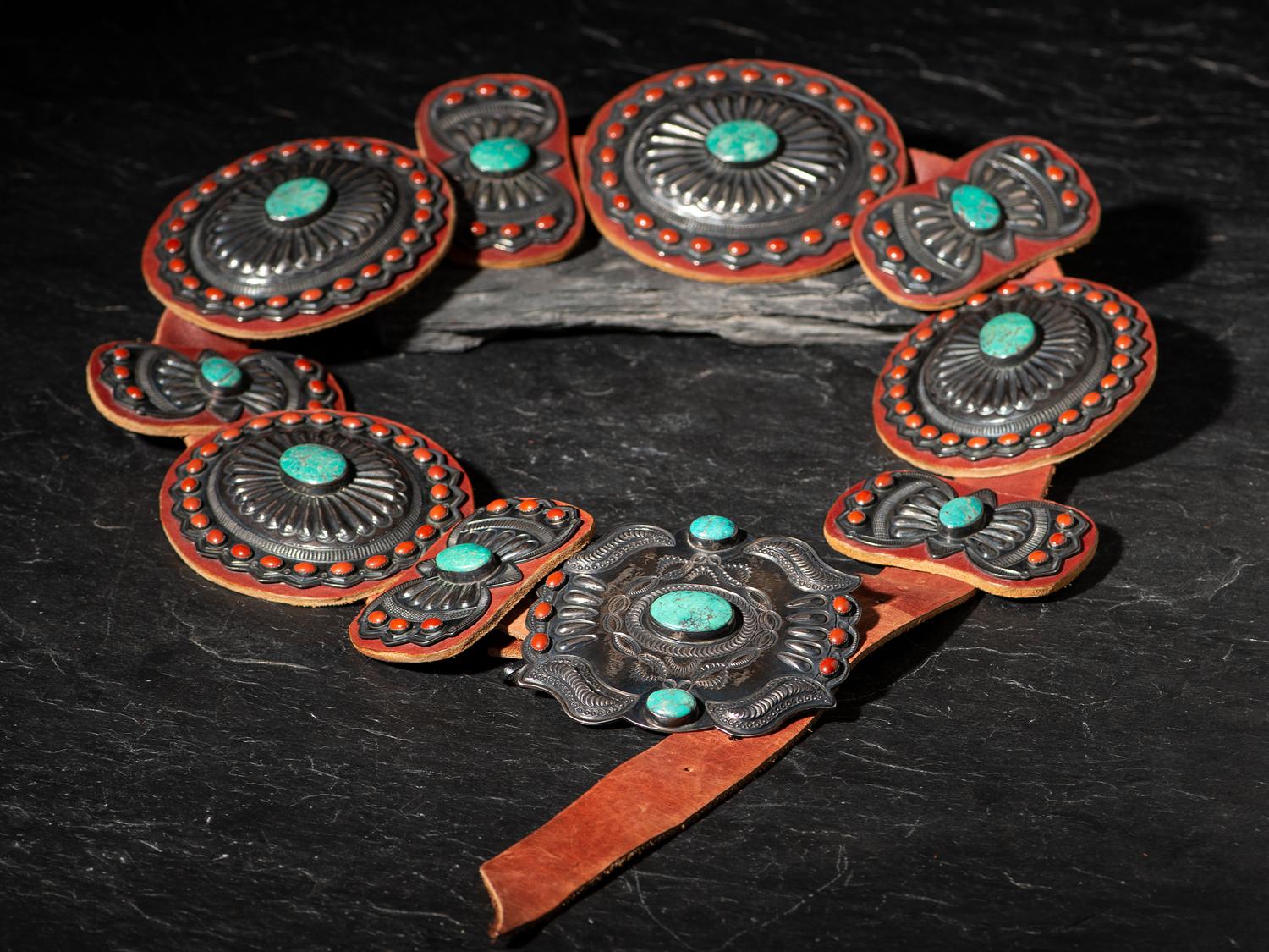 Large Sterling Silver, Turquoise, and Coral Cluster Concha Belt