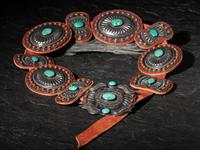 Large Sterling Silver, Turquoise, and Coral Cluster Concha Belt