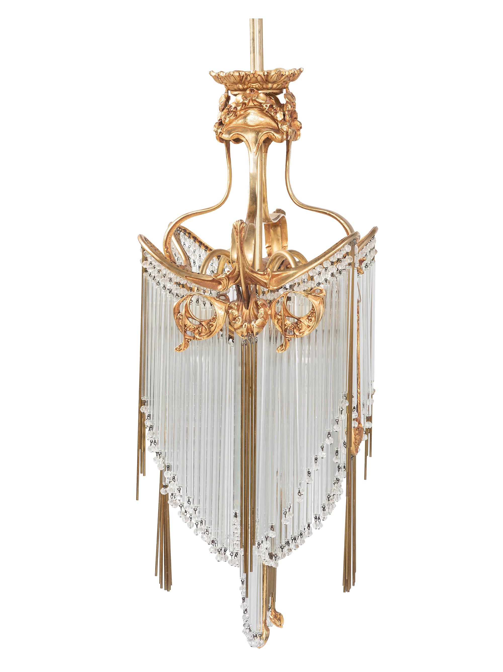 An Art Nouveau-Style Gilt Metal and Glass Chandelier, after Hector Guimard