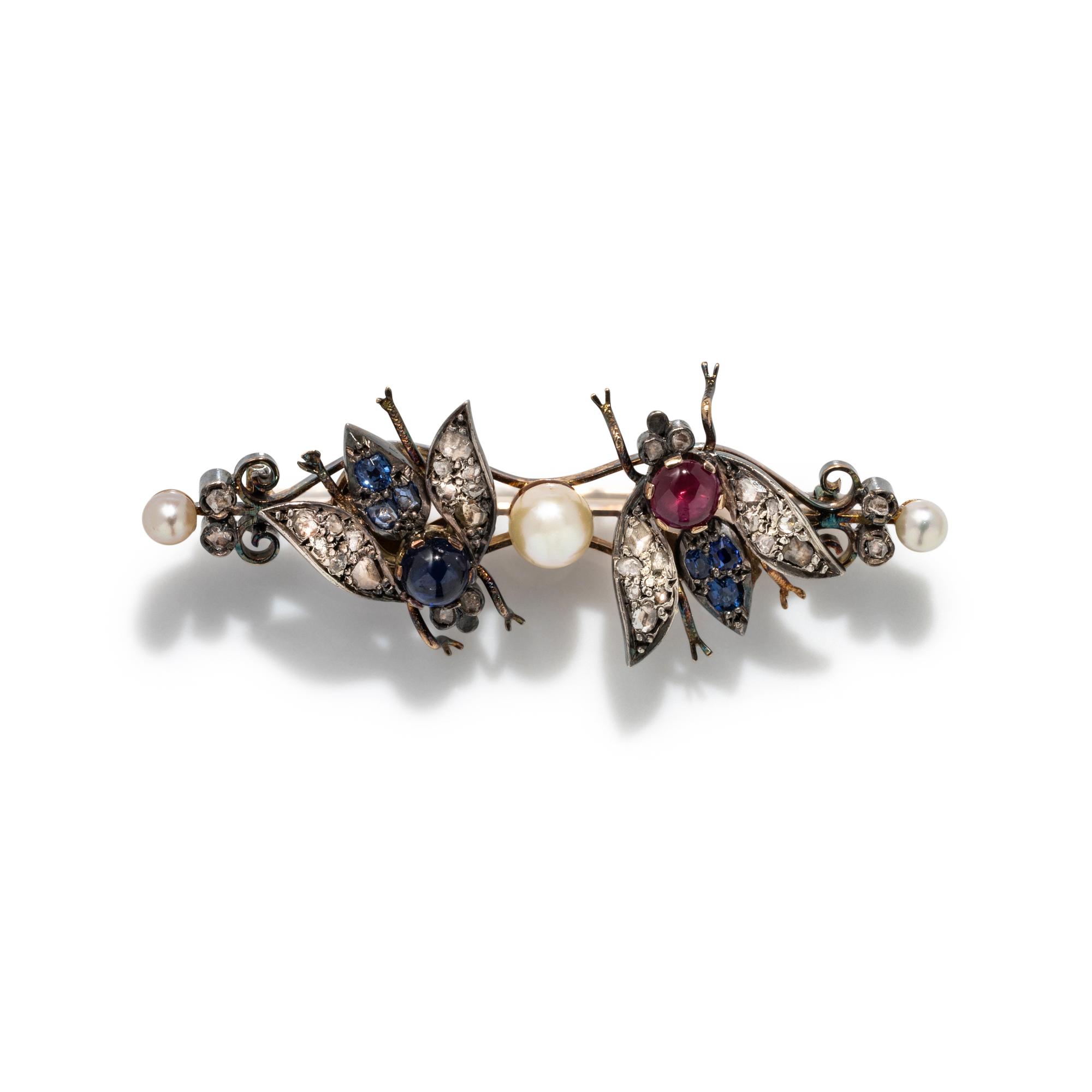 RUBY, EMERALD, DIAMOND AND PEARL PIN/PENDANT