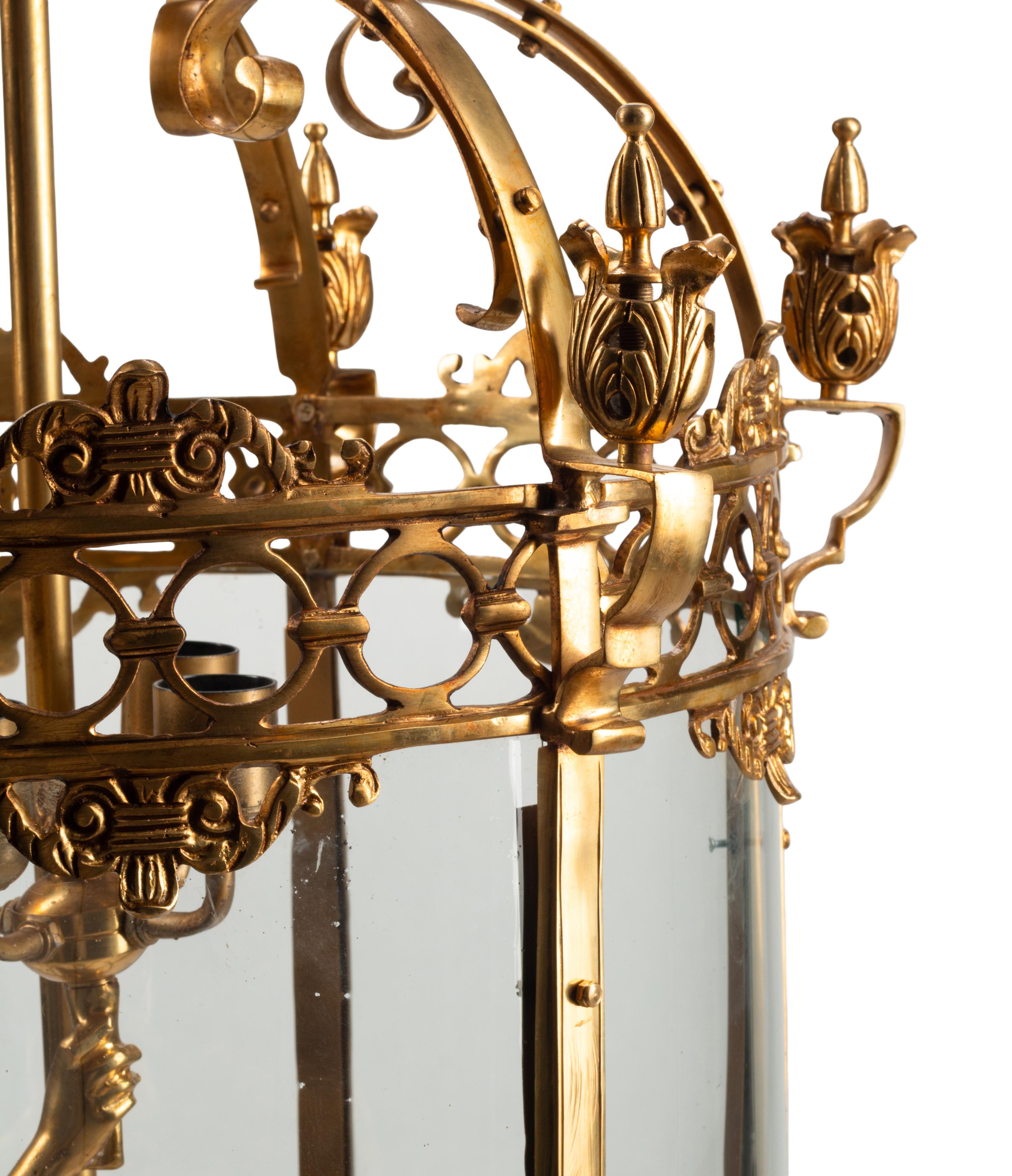 A Pair of Continental Gilt Bronze Figural Hall Lanterns