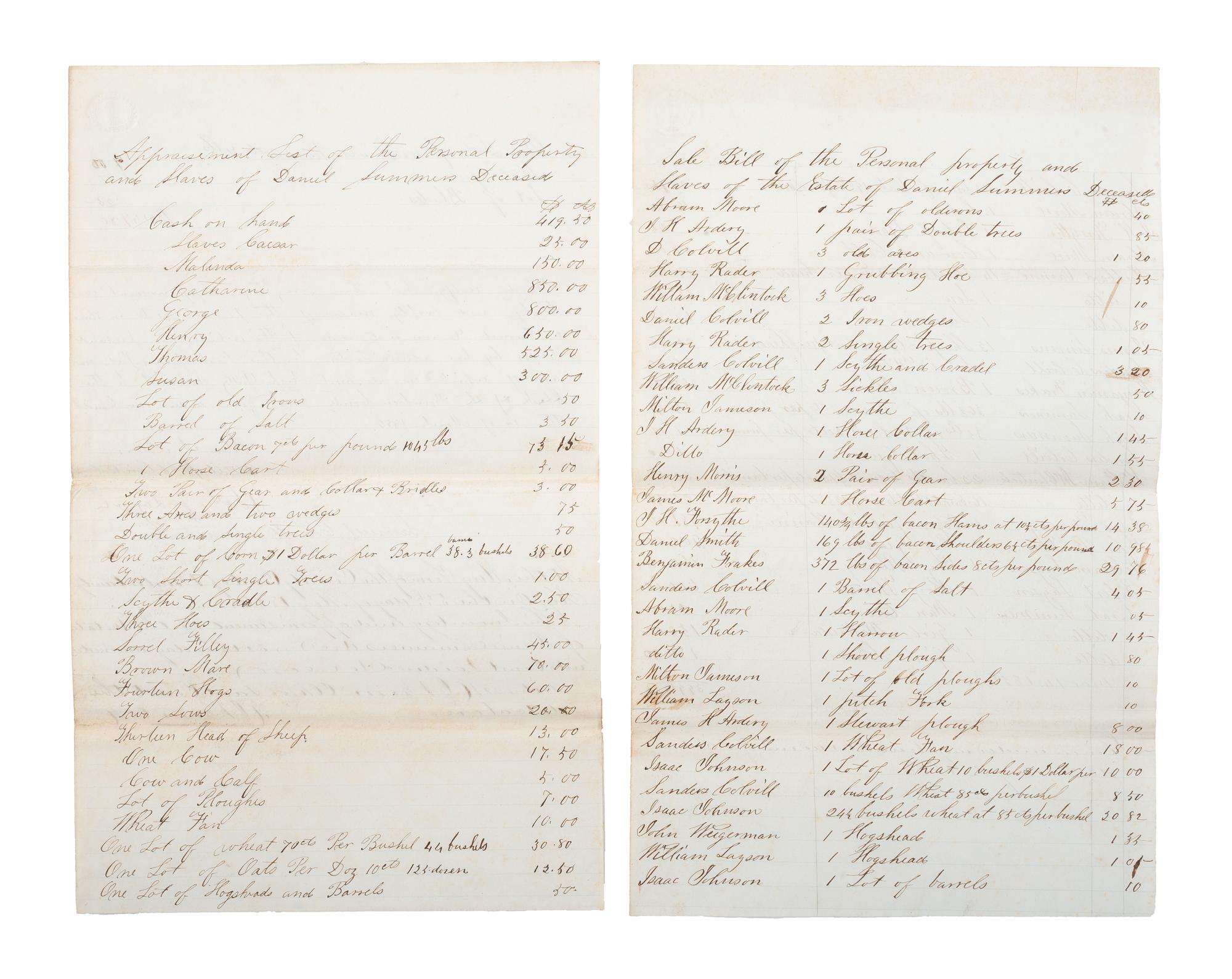 [SLAVERY & ABOLITION]. Appraisal and Bill of Sale of 7 enslaved people and personal property of enslaver Daniel Summors (1772-1856). Bourbon County, KY, 5 May 1856.