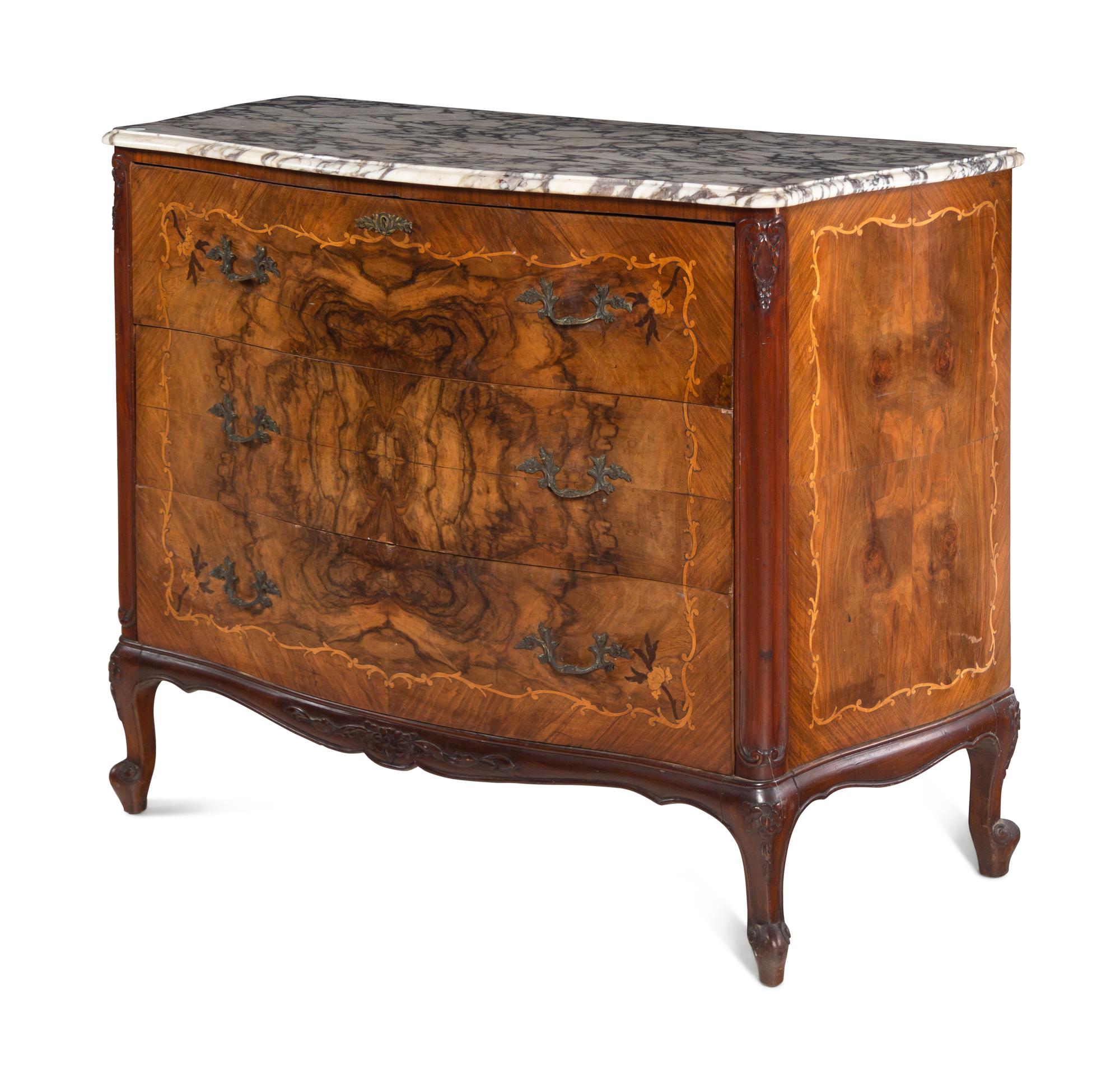 An Italian Marquetry Marble-Top Secretary Commode