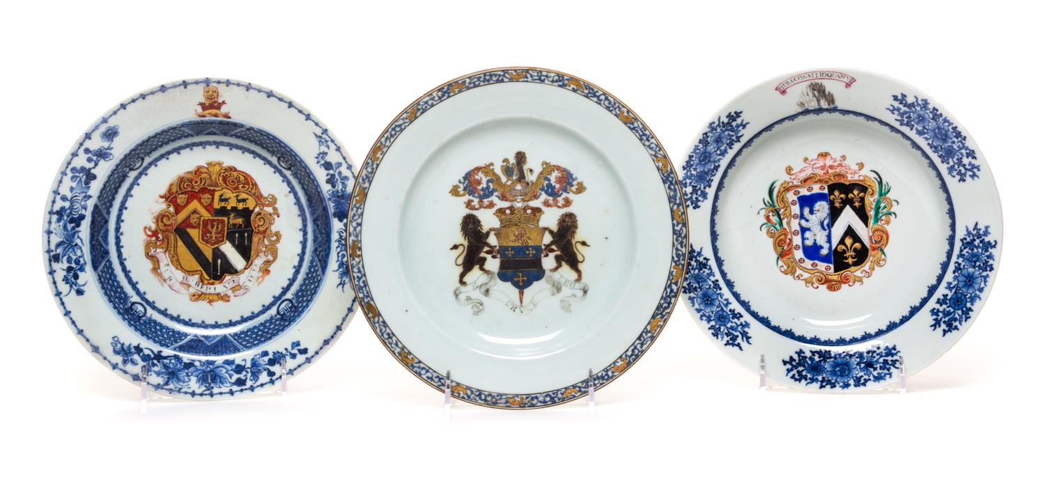 Three Chinese Export Porcelain Armorial Plates Diameter of largest 8 7/8 inches.