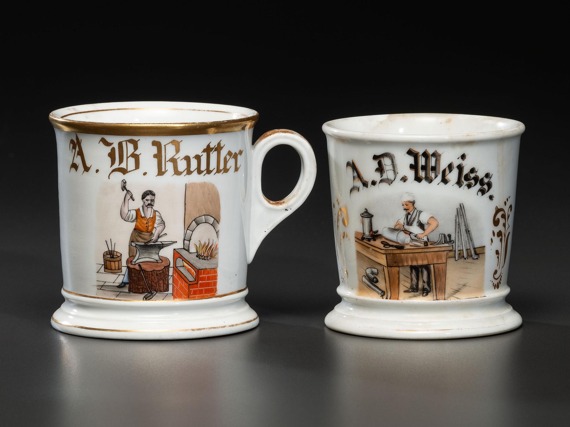 A Tinsmith and A Blacksmith's Porcelain Occupational Shaving Mugs
