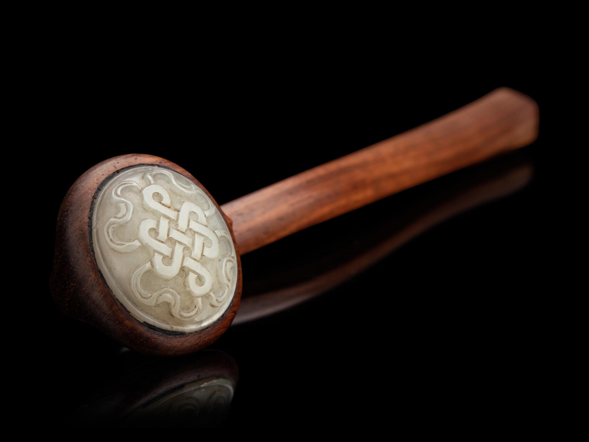 A Chinese Grey Jade Inset Hardwood Ruyi Scepter