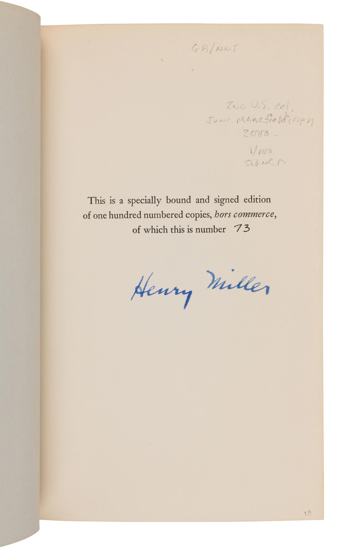MILLER, Henry (1891-1980). Tropic of Cancer. New York: Grove Press, 1961.