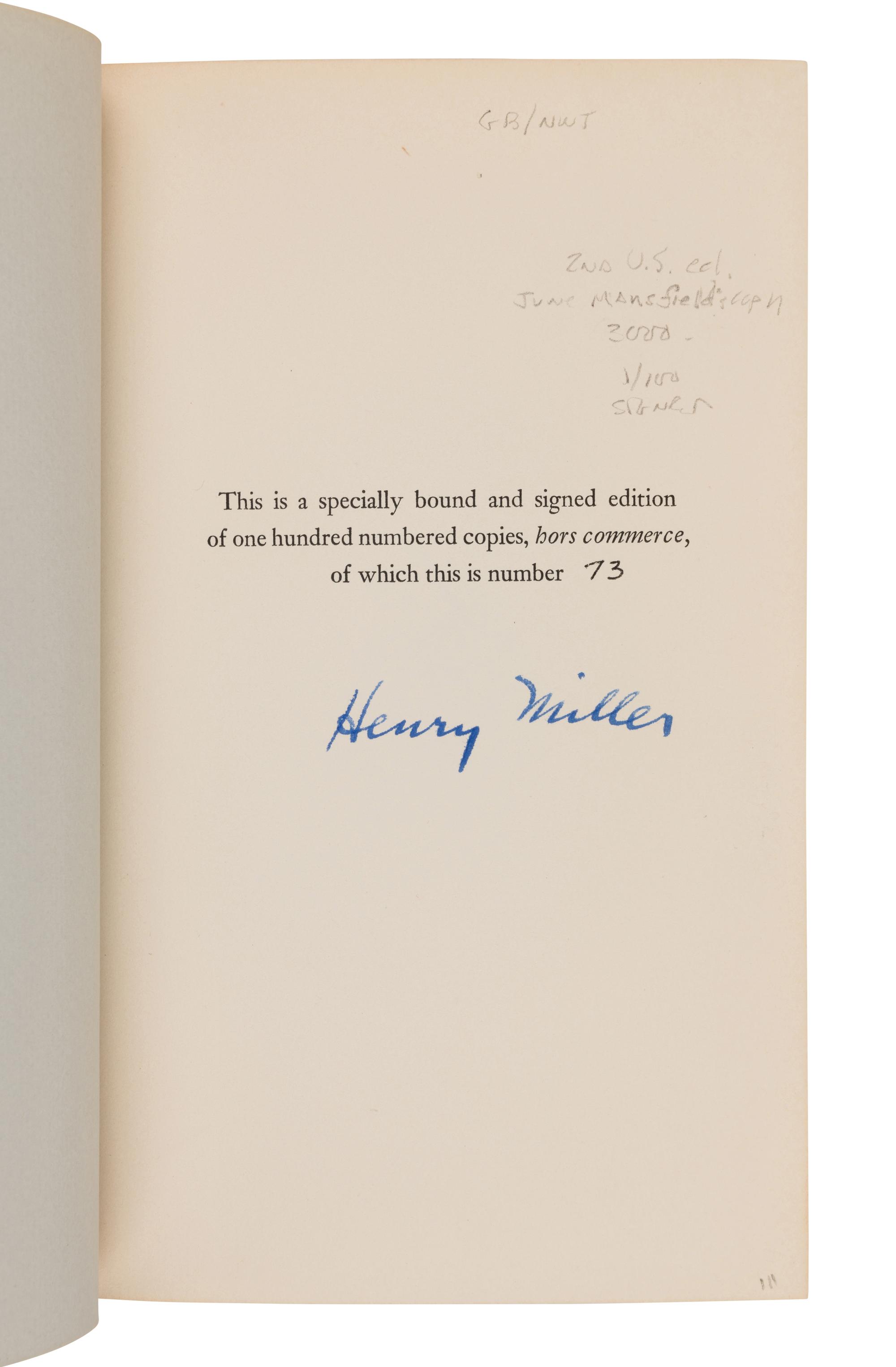 MILLER, Henry (1891-1980). Tropic of Cancer. New York: Grove Press, 1961.