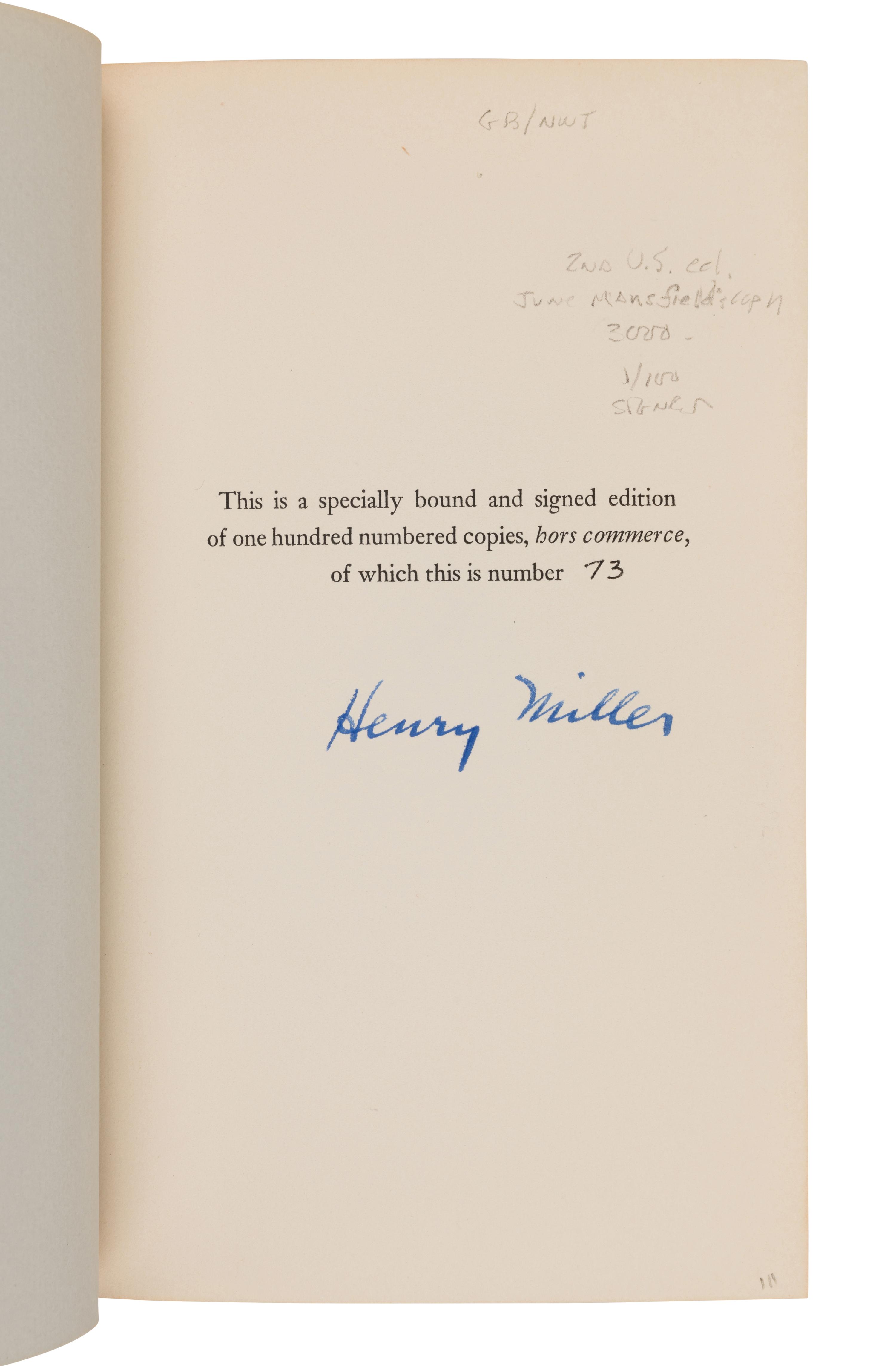 MILLER, Henry (1891-1980). Tropic of Cancer. New York: Grove Press, 1961.