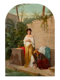 A Woman Near a Bath with Her Attendant