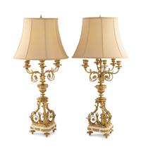 A Pair of Louis XVI Style Gilt Bronze and Marble Six-Light Candelabra
