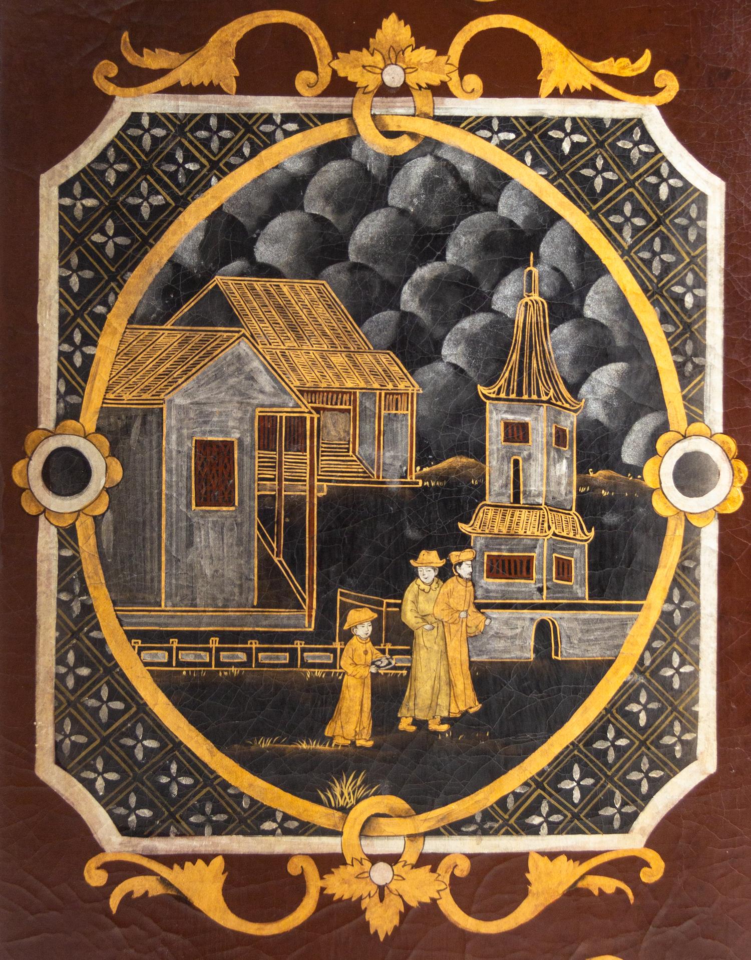 A Chinoiserie Decorated Leather Four-Panel Floor Screen