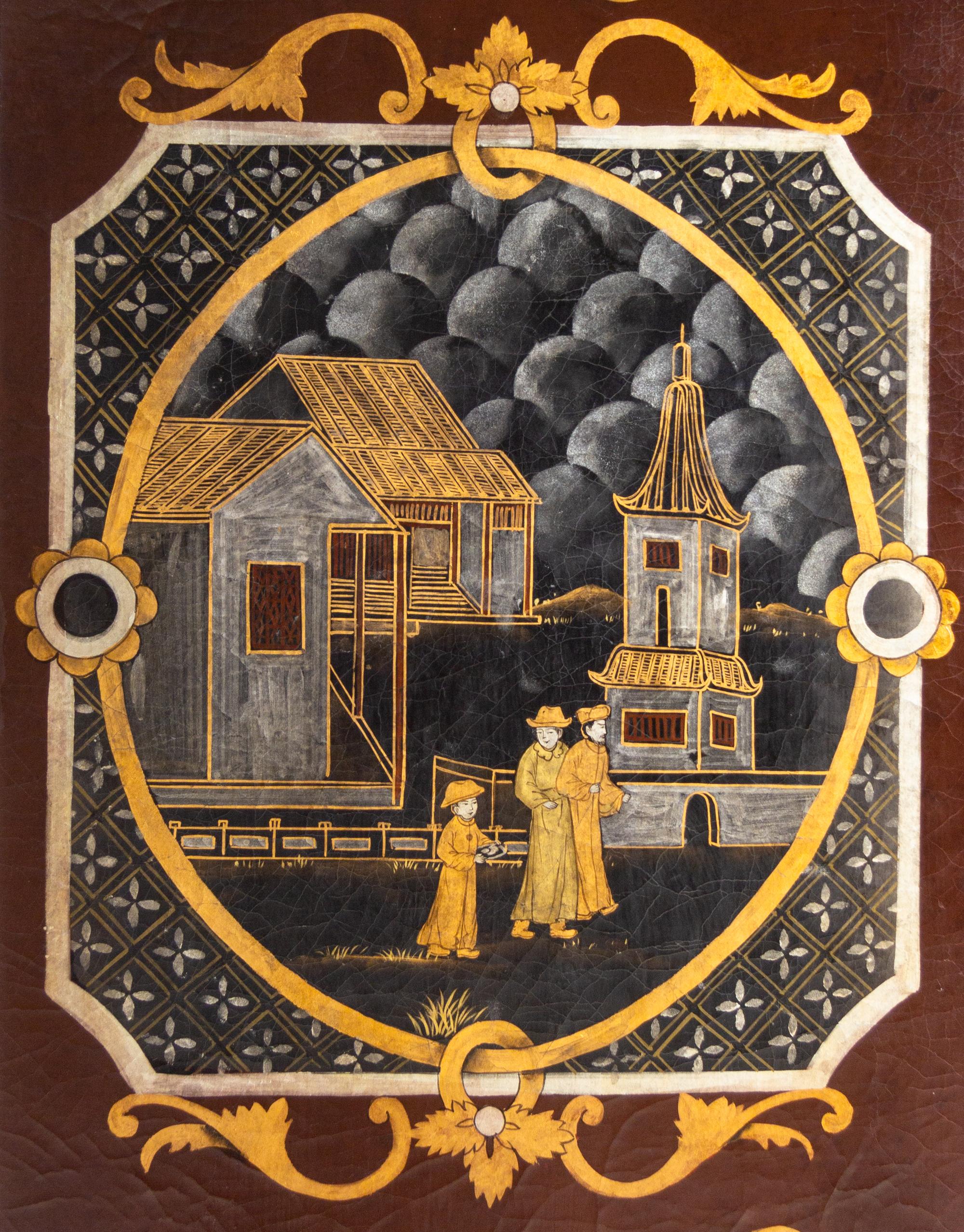 A Chinoiserie Decorated Leather Four-Panel Floor Screen