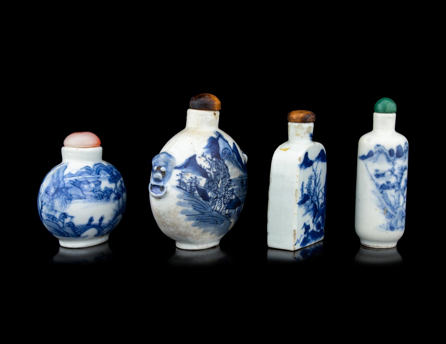 Four Blue and White Porcelain 'Landscape' Snuff Bottles