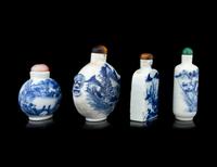 Four Blue and White Porcelain 'Landscape' Snuff Bottles