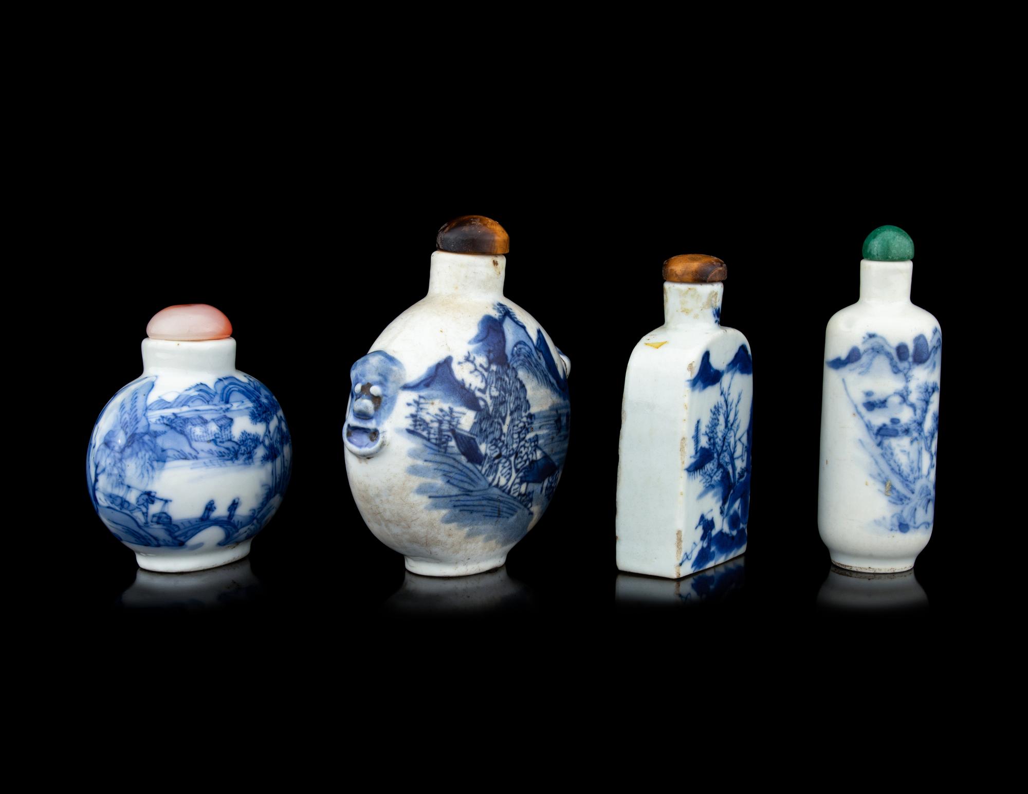 Four Blue and White Porcelain 'Landscape' Snuff Bottles