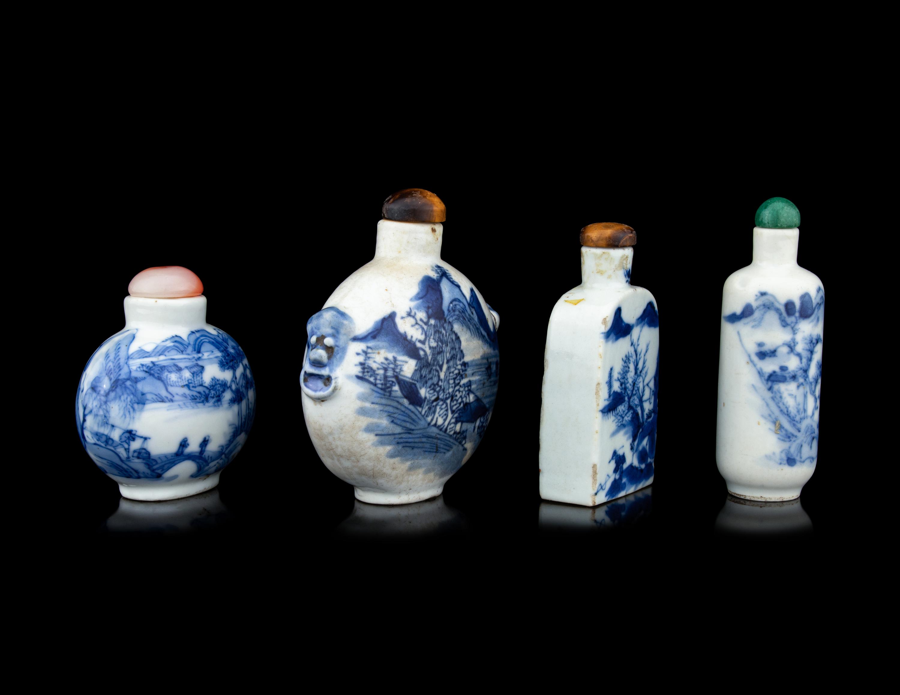 Four Blue and White Porcelain 'Landscape' Snuff Bottles