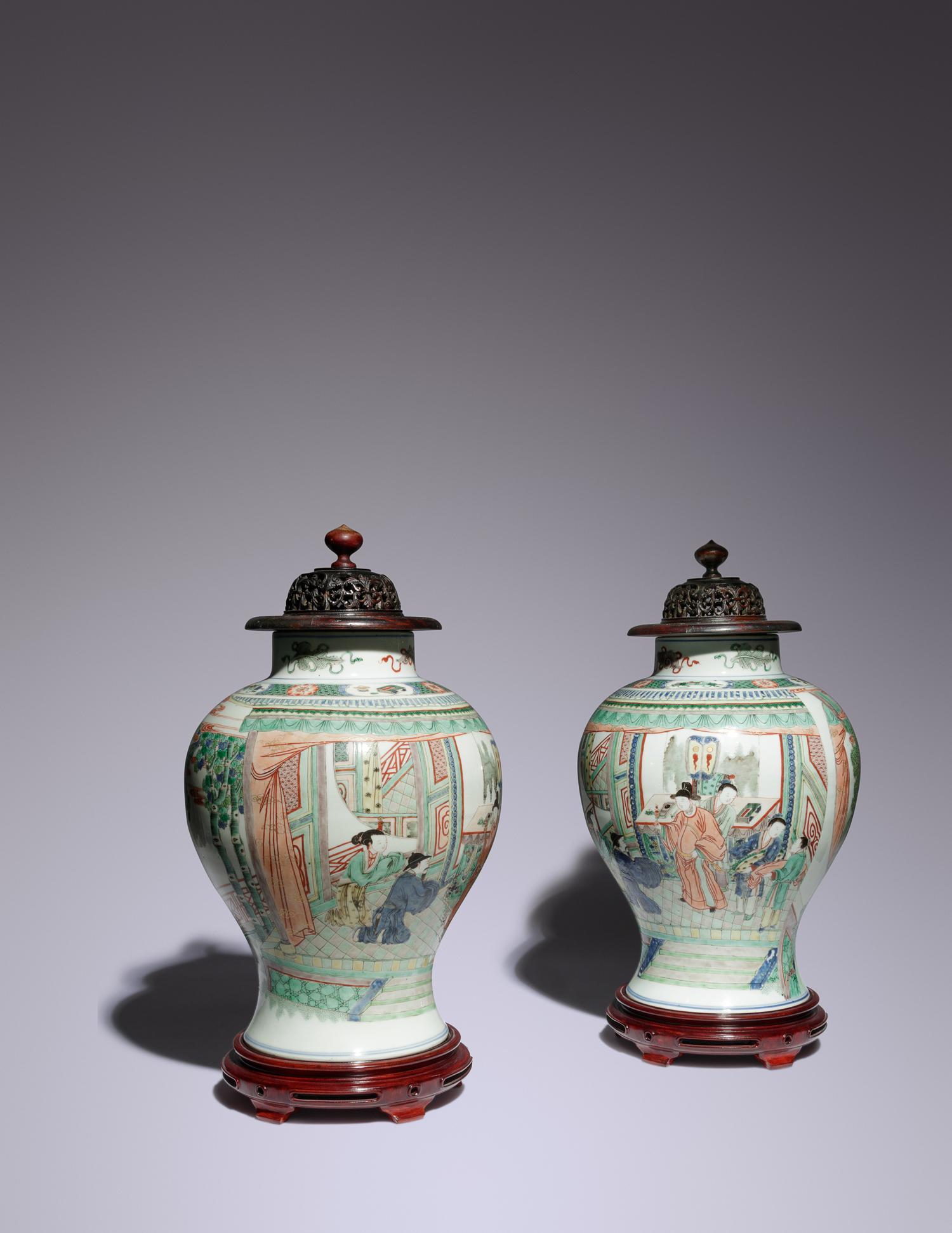 A Pair of Wucai Porcelain 'Figural' Baluster Jars
