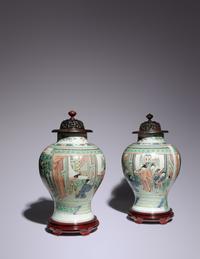 A Pair of Wucai Porcelain 'Figural' Baluster Jars
