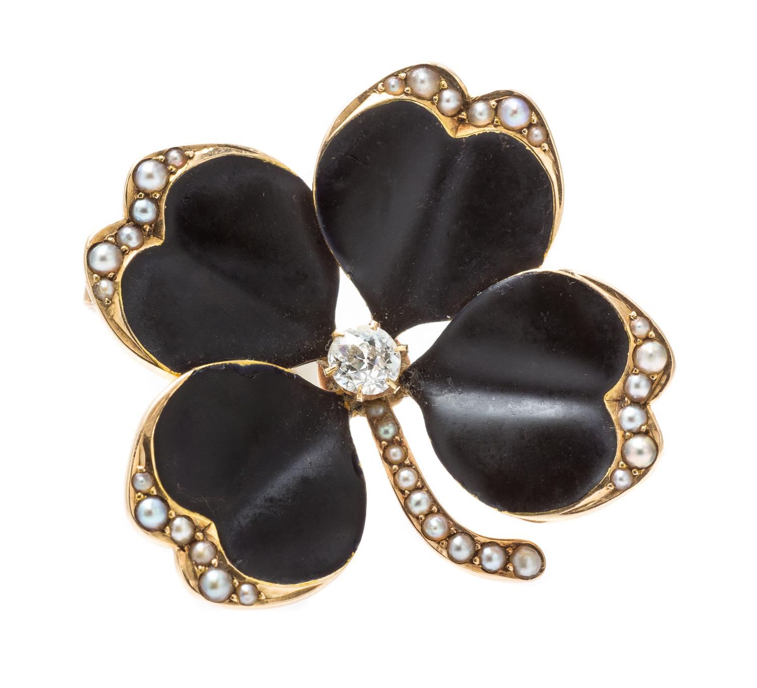 A 14 Karat Yellow Gold, Diamond, Seed Pearl and Enamel Four Leaf Clover Pendant/Brooch, 4.60 dwts.