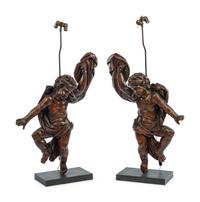 A Pair of Italian Carved Walnut Altar Figures Mounted as Lamps