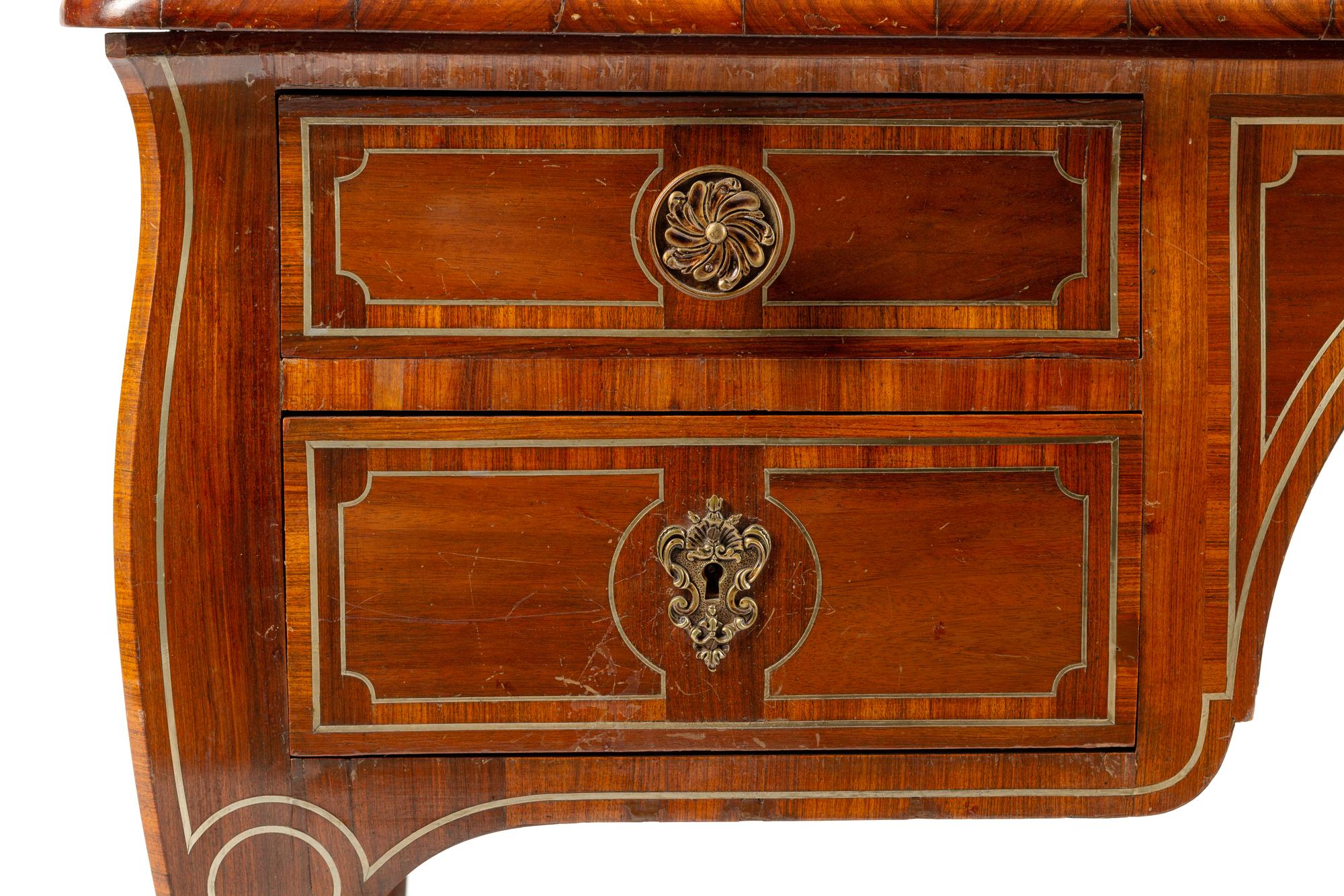 A German or Austrian Brass Inlaid Walnut Bureau Plat