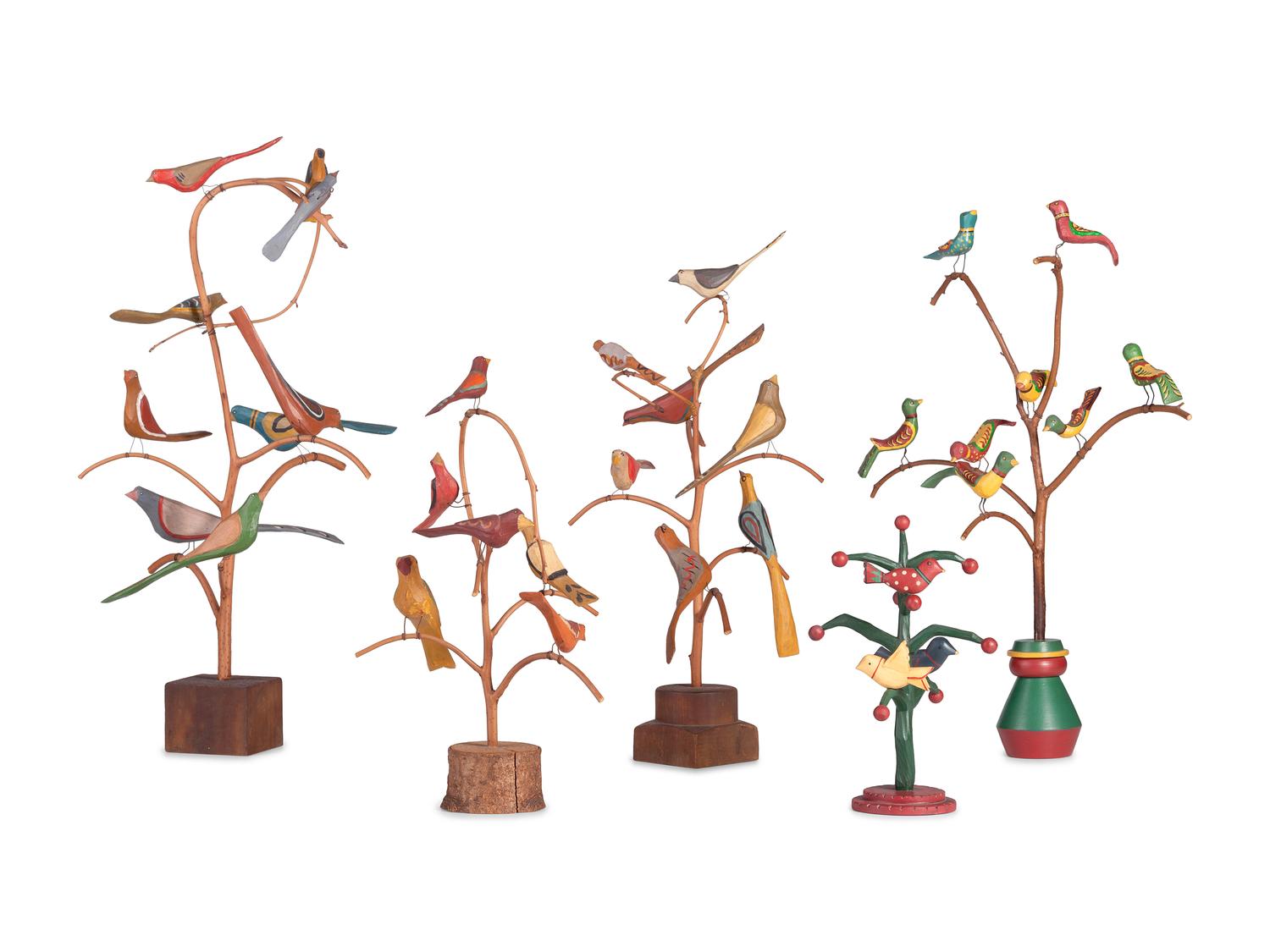 Five Carved and Painted Wood Folk Art Bird Trees