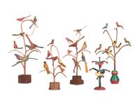 Five Carved and Painted Wood Folk Art Bird Trees