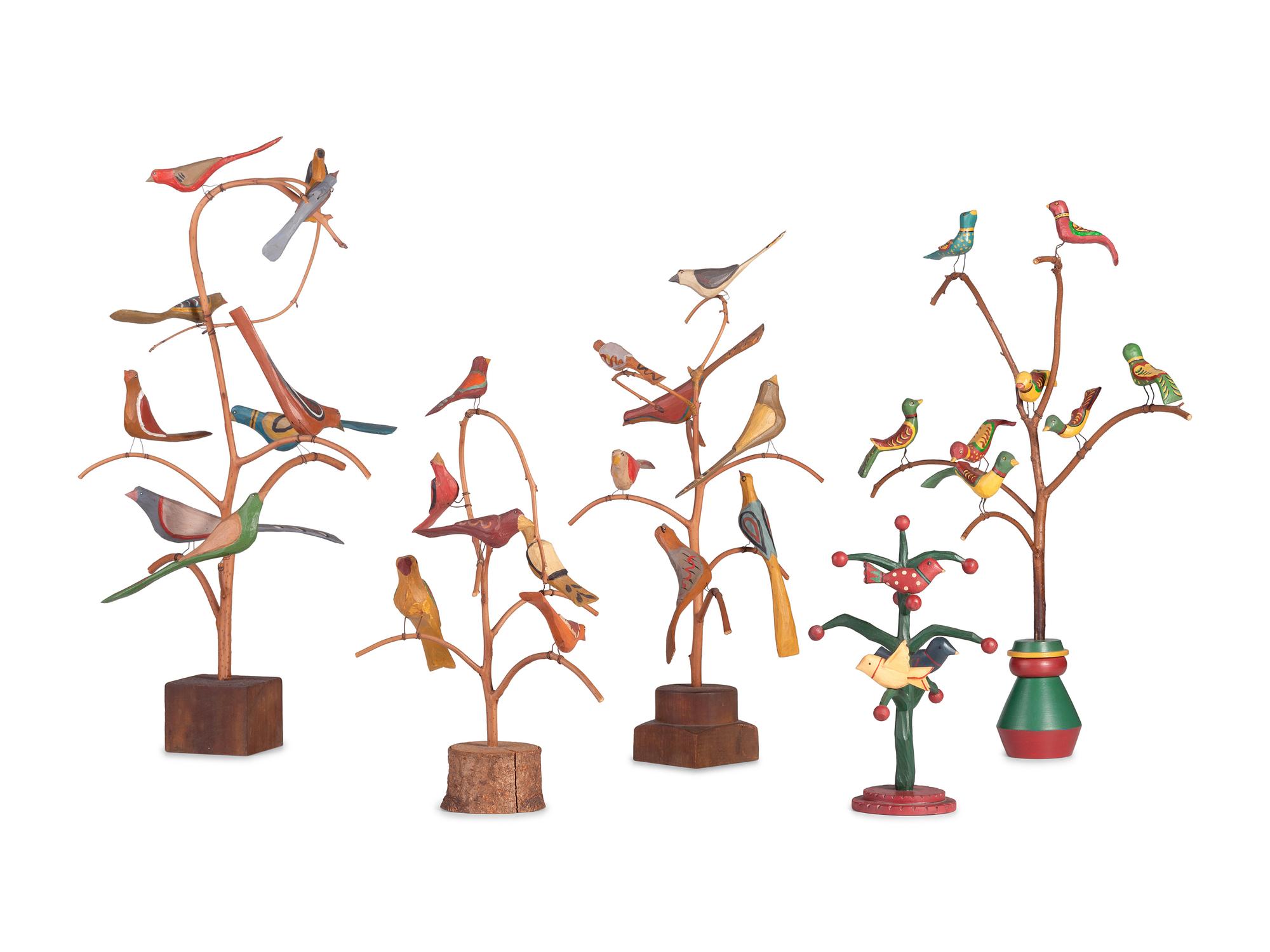 Five Carved and Painted Wood Folk Art Bird Trees