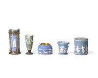 A Group of Five Wedgwood Blue and Green Jasperware Desk Articles