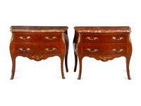 A Near Pair of Louis XV Style Gilt Metal Mounted Parquetry Marble-Top Commodes