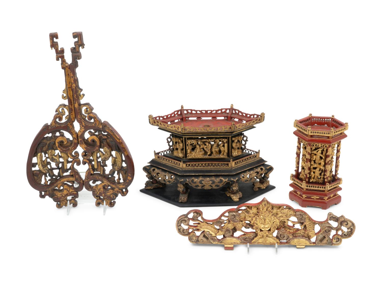 Four Chinese Gilt and Lacquered Wood Articles
