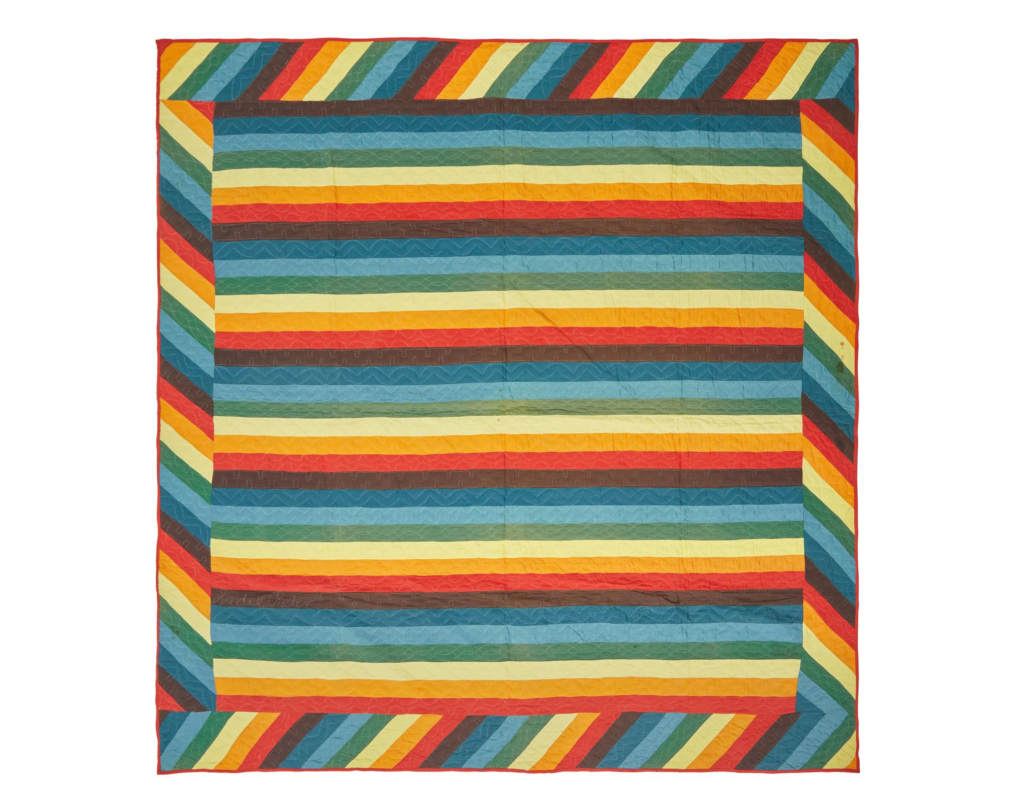 A Mennonite "Jacob's Coat" Cotton Quilt, Signed "Sadie Rader," 20th Century